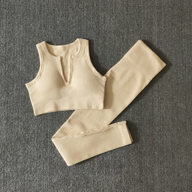2/4/6PCS Seamless Women Yoga Set Workout Sportswear Fitness Bra Sport Pants Gym Clothing High Waist Leggings Shorts Sports Suits VestPantsBeige