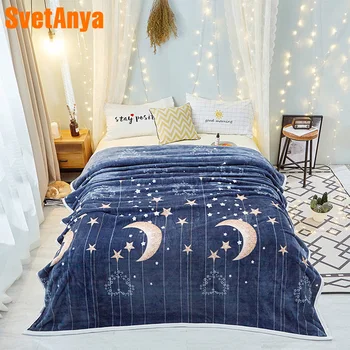 

Cartoon Dark Blue Moon Night Stars Soft Print Blankets Throws Flannel Fleece Microfiber Plaids Bedsheet Polyester