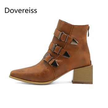 

Dovereiss Fashion Women's Shoes Winter sexy Elegant Pointed toe Back zipper Buckle brown Block heels Short boots Concise 34-48
