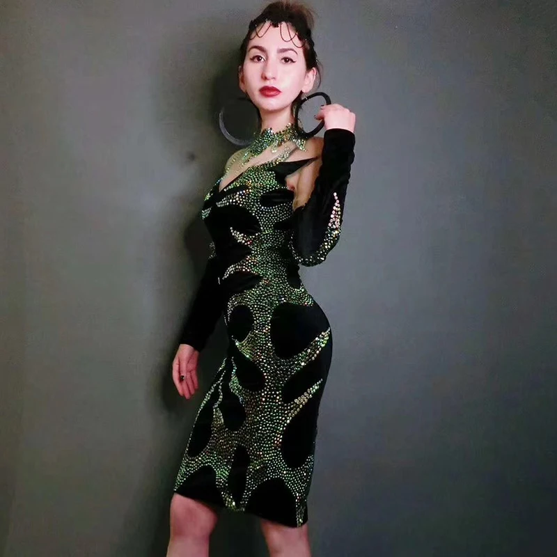 Разноцветные стразы, платье с длинным рукавом, одежда для бара, Одежда для танцев, наряд для дня рождения, наряд для выпускного вечера, для женщин, певица, черное платье, вечернее, DT1679