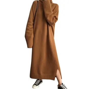 

Women Casual Long Dress High Collar Solid Color Long Sleeve Ankle Length Dresses JL