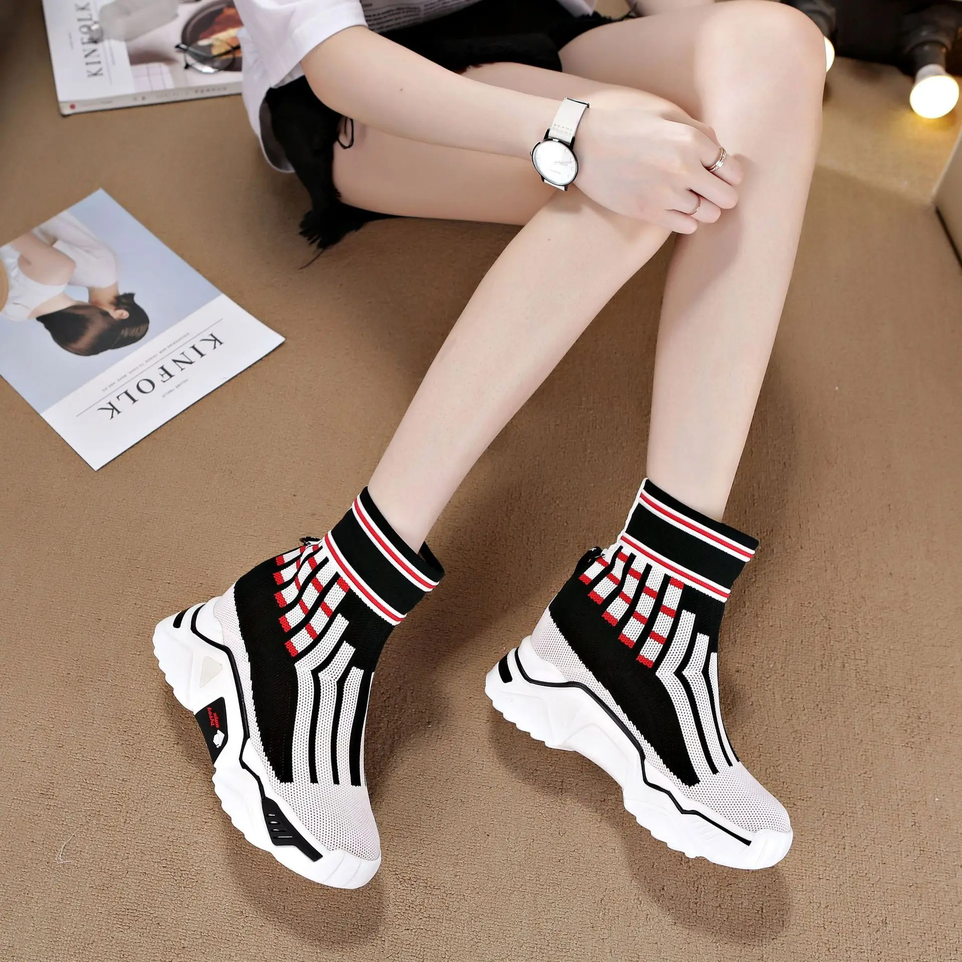 

Athletic Shoes Women's 2019 New Style Dad Shoes WOMEN'S Shoes Within Casual Thick Bottomed Extra High Black And White with Patte