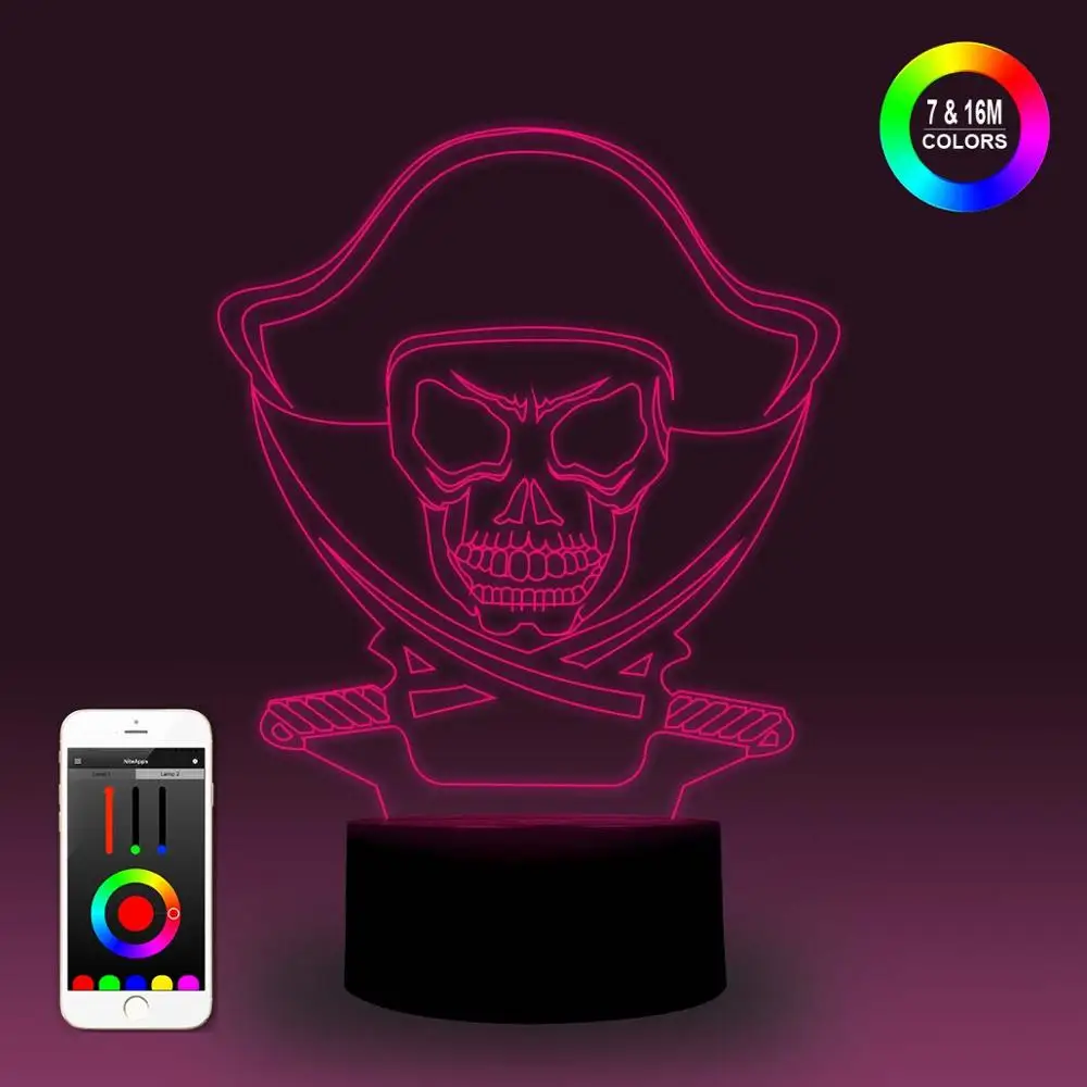 

NiteApps 3D Pirate LOGO Night Light Desk Table Illusion Lamp Holiday Birthday Gift APP/Touch Control