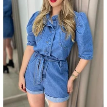 

High Waist Denim Playsuits Romper Women summer 2021 new Short Sleeve Blues Short Pants Jeans Jumpsuits Streetwear