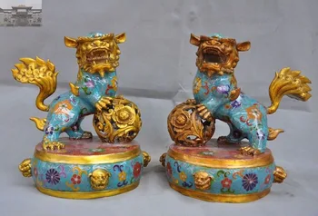 

Christmas China Fengshui Palace Bronze Cloisonne Enamel gilt Foo Dog Door lion Statue Pair New Year