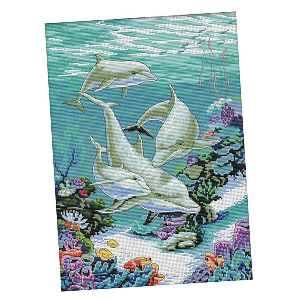 Dolphins 11CT Counted & Stamped Cross Stitch Kit for Adutls Beginners Embroidery Animals Patterns