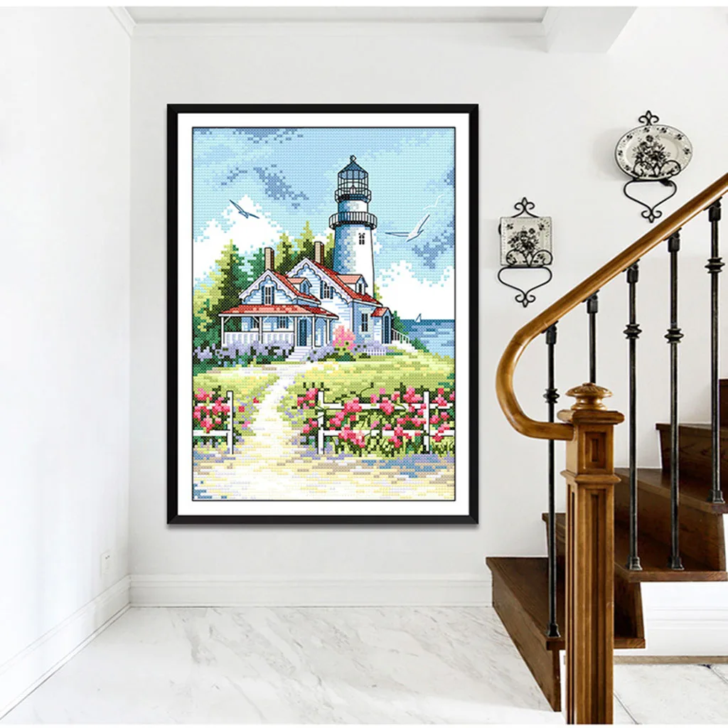 Seaside Lighthouse DIY Stamped Cross Stitch Kit Pre-printed Patterns Beautiful Scenery Home Wall Decoration Needlework Craft