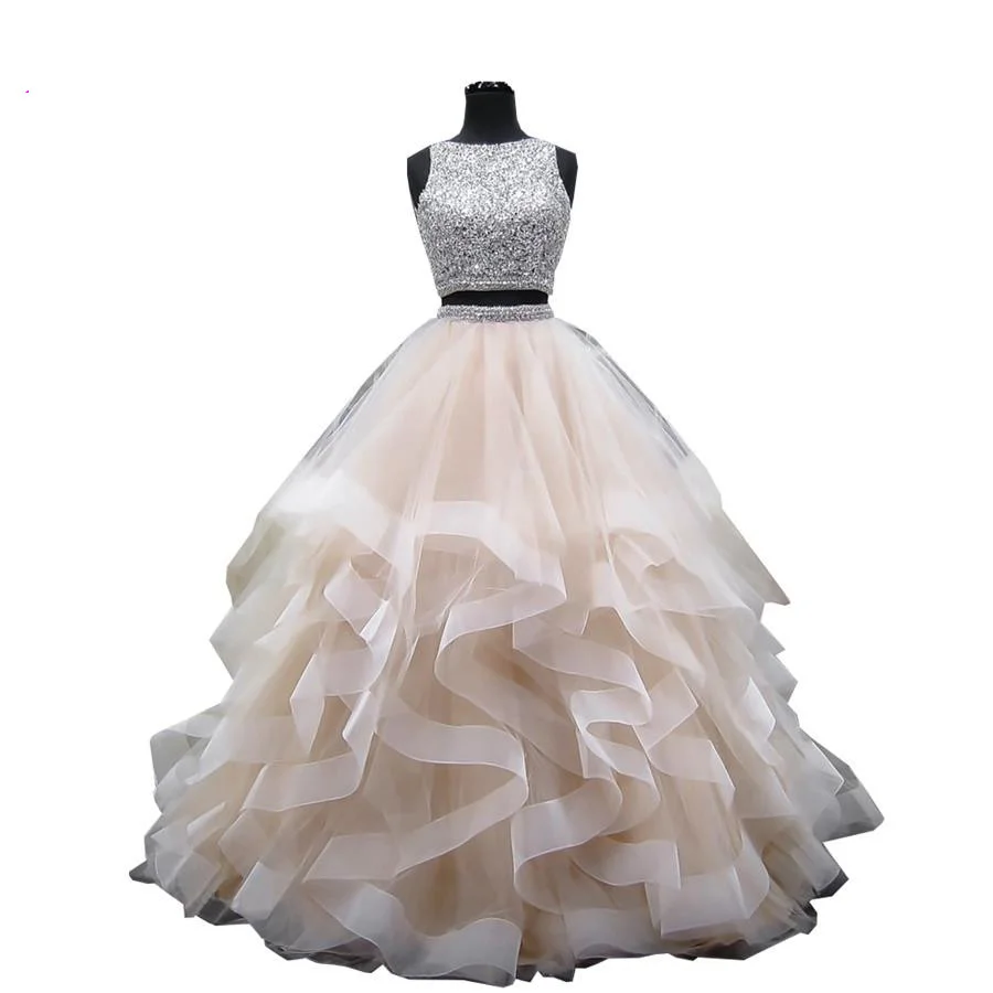 Роскошное бальное платье из двух частей с кристаллами платья для Quinceanera круглым