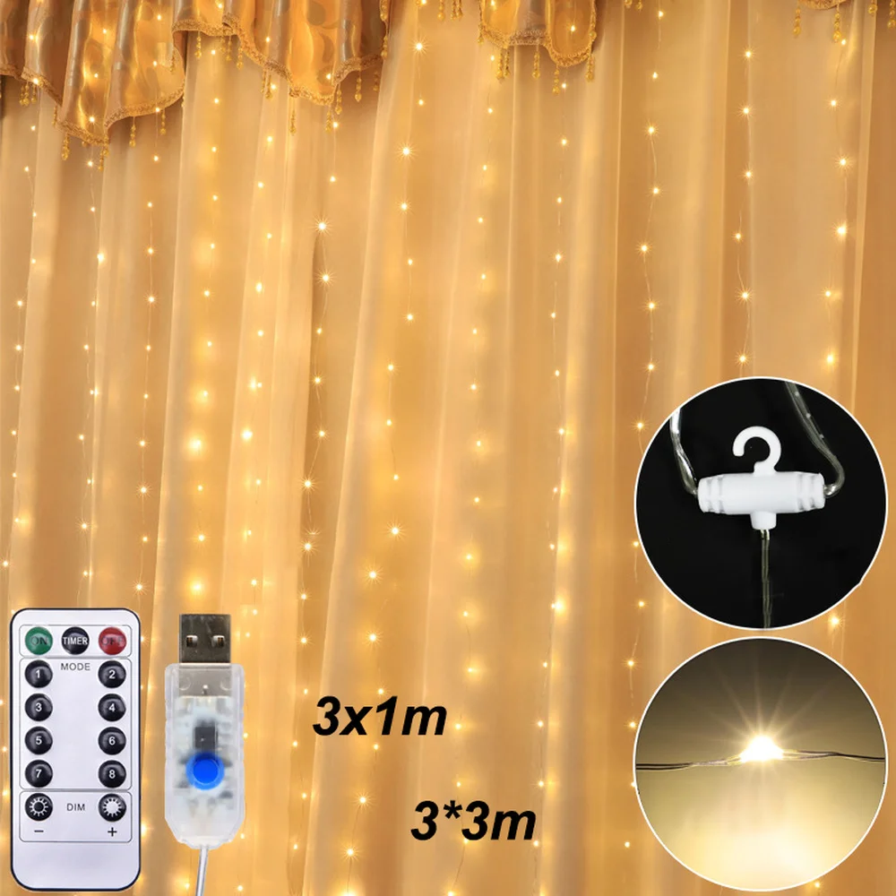 3x1 м 3x3 м светодиодный фонарь для занавесок, сказочный свет, ИК-пульт дистанционного управления, 5 В USB, медный светодиодный, для помещений, Рождественский свет для свадьбы, спальни, вечерние украшения