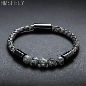 

HMSFELY Retro Style Dark Gray Men Genuine Leather Bracelet Natural Ore Stone Beaded Magnetic Clasp Rope Bracelets For Men Women