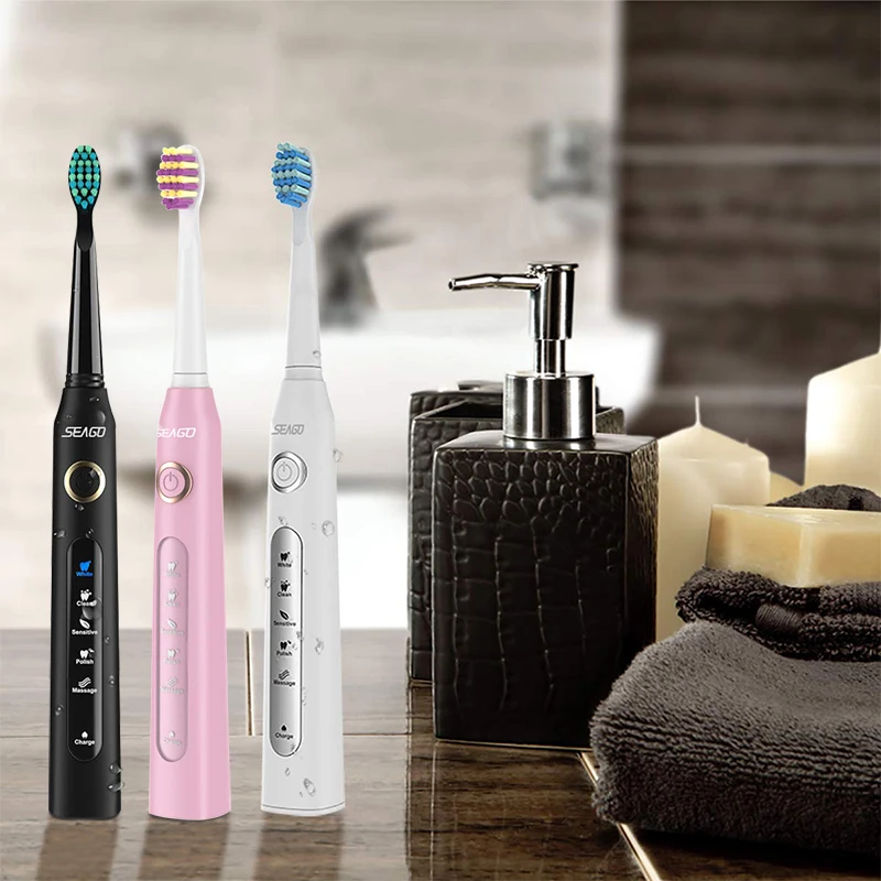 Seago SG-507 Electric Toothbrush Sonic Wave Vibration Clean Tooth Whitening 3 Replacement Brush Heads 5 Modes USB Rechargeable