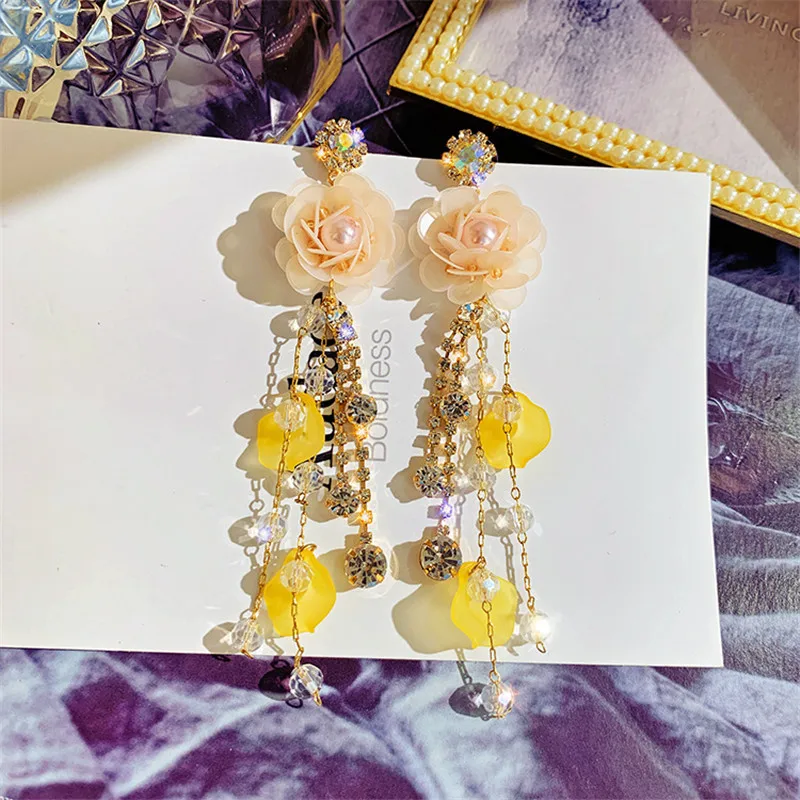 

FYUAN Long Tassel Crystal Drop Earrings for Women Bijoux Pink Flower Dangle Earrings Fashion Jewelry Gifts