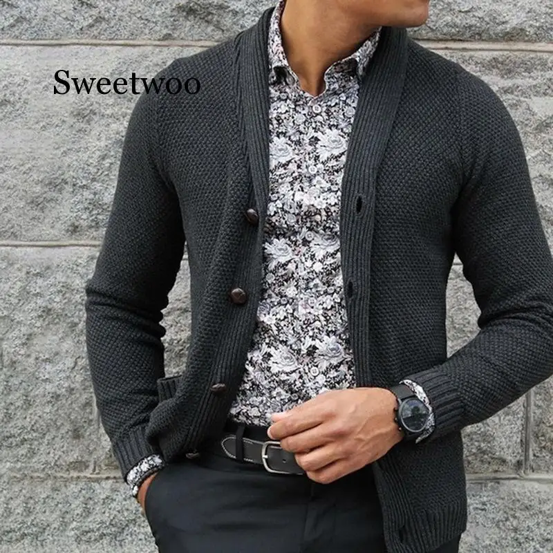 

2020 New Men's Slim Fit turn down collar Cardigan Outerwear Male Solid Color Knitted Cardigans Autumn Casual sweaters Knitwear