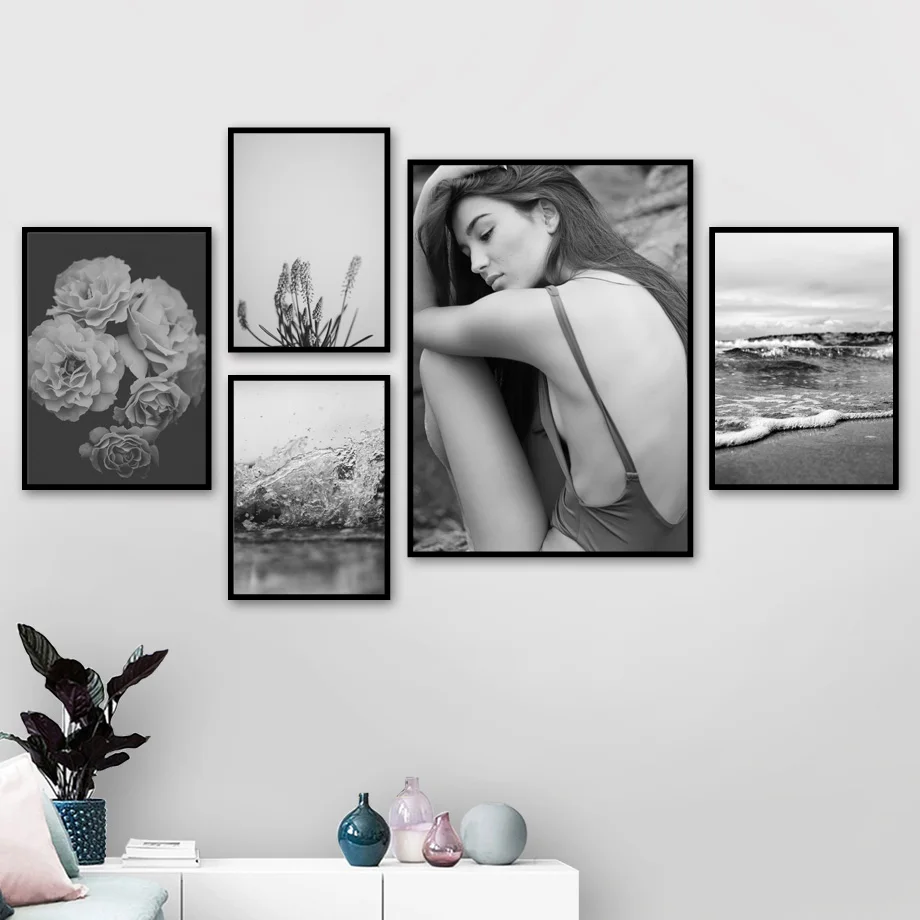 Black White Plant Flower Sea Fashion Girl Wall Art Canvas Painting Nordic Posters And Prints Pictures For Living Room Decor | Дом и сад