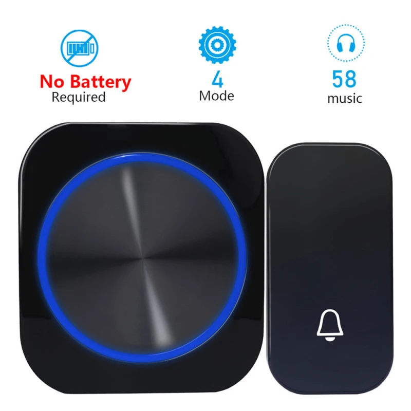 Timbre inalámbrico autoalimentado para puerta, luz nocturna sin batería, enchufe europeo, hogar inteligente, 1, 2 botones, 1 y 2 receptores, timbre impermeable