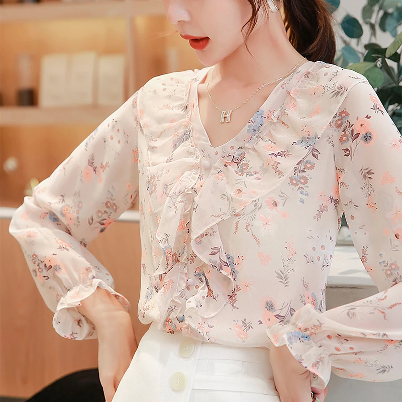 

COIGARSAM Korea Style Shirt Womens tops New Spring Office Lady Ruffles Print Full Sleeve Chiffon Loose Women shirts 6731