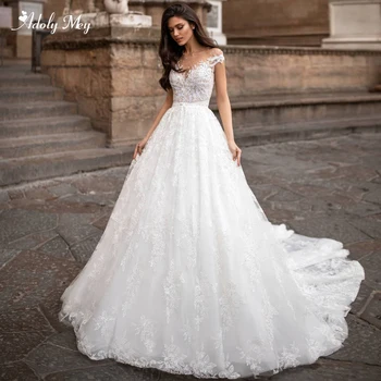 

Adoly Mey New Arrival Scoop Neck Button Lace A-Line Wedding Dresses 2020 Luxury Beaded Appliques Princess Bride Gown Plus Size