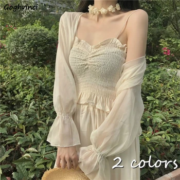 

Basic Jackets Women Flare Sleeve Summer Sun-proof Sweet Elegant Open Stitch Crop Chiffon Korean Style Female Outwear Solid New