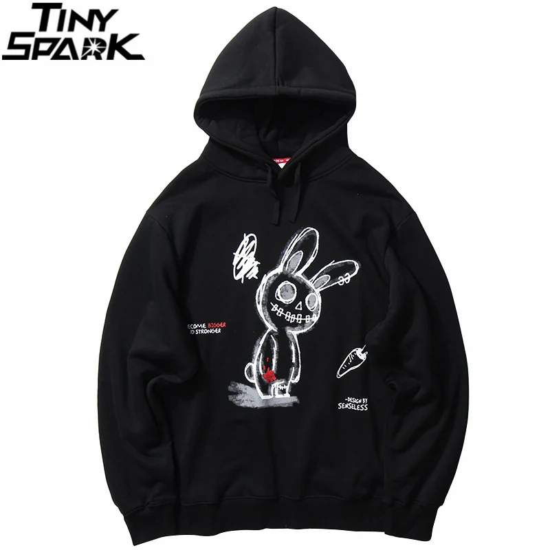 Hooded Sweatshirt Rabbit Pullover Carrot-Print Black Cotton Hurting Hip-Hop Men Casual