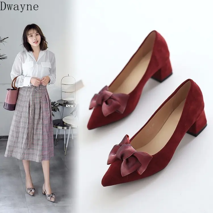 

2019 new Korean fashion wild shallow mouth bow with high heels trend suede comfortable high-heeled shoes