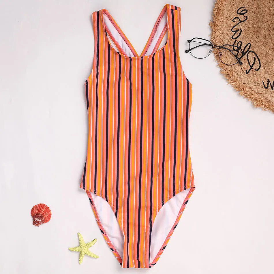 Floral Girls One Piece Swimsuit Kids 7-16 Years Retro Vintage Children's Swimwear Striped Girls Bathing Suit Monokini Cross Back