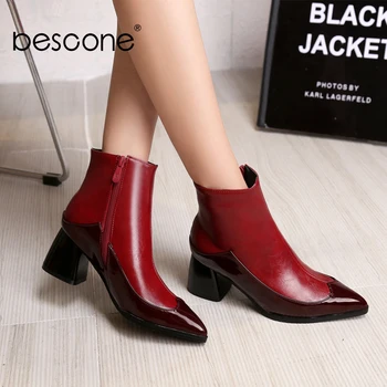 

BESCONE Fashion Women Ankle Boots Sexy Pointed Toe Zipper Square Heel Shoes Winter Handmade Super High Heel Ladies Boots BM106