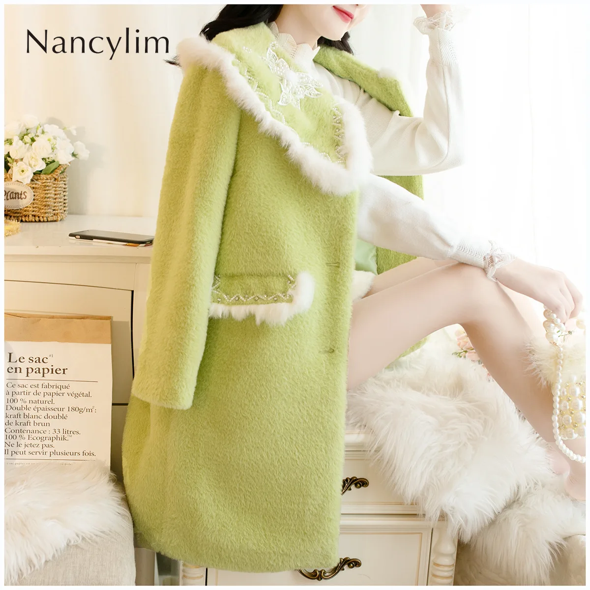 

2019 Autumn Winter New Fresh Sweet Lapel Stitched Mink Velvet Nail Bead Pure Color Loose-fitting Mid-length Jacket Girls Ladies