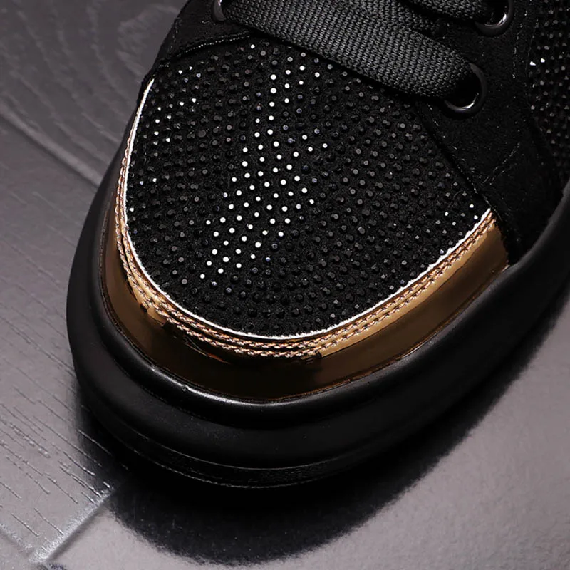 2021 New Mens Luxury Designer Black Rhinestone Shoes Causal Flats Moccasins Male Thick Bottom Rock Hip Hop Crystal Sneakers
