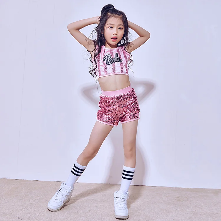 Moggemol Kids Girls 2 Piece Dance Outfits Sequins Crop Top with Metallic Shorts Set Jazz Hip Hop Dancewear