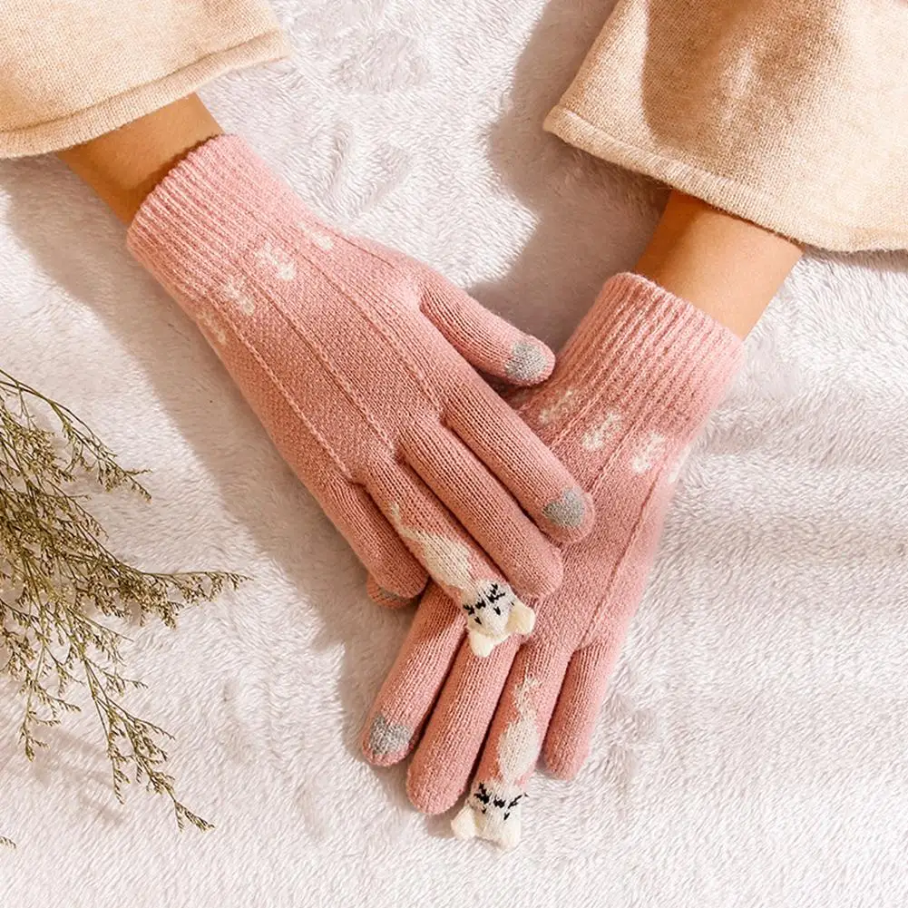 Зимние теплые вязаные перчатки на полный палец, варежки, корейский стиль, утолщенные перчатки для женщин, милые Мультяшные Коты, сенсорные перчатки для экрана