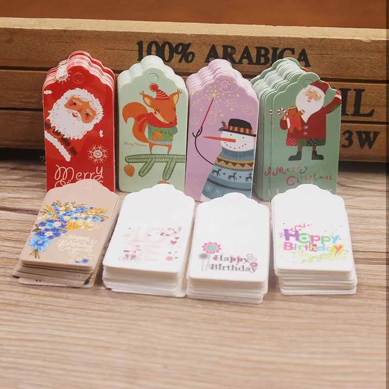 

Hot sale new 2x4cm happy brithday/merry christmas print tag 200pcs /200tag with 200pcs string for wedding /party /products show