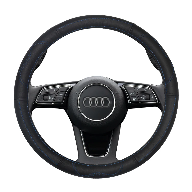 Крышка рулевого колеса из натуральной кожи для Audi A1 A3 A4 A6 A4L A6L Q3 Q5 Авто аксессуары интерьера - Название цвета: Black-Blue thread