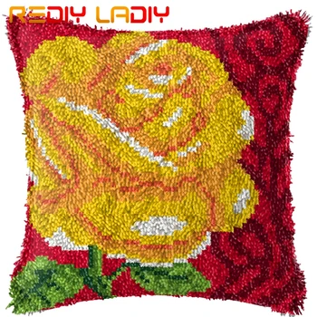 

Latch Hook Cushion Gold Rose Flower Pillow Case Printed Color Canvas Acrylic Yarn Latched Hook Pillow Crochet Cushion Cover Kits