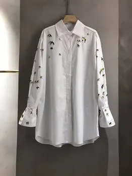 

2020 spring summer new fashion women shirts full sleeve applique sequins female white blouse casual tops 0426