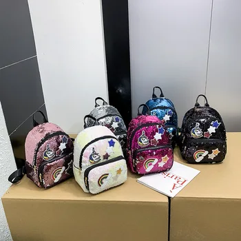

Cute Sequined Unicorn Backpack Cartoon Printed Teenage Girl Casual School Bag Small Double Shoulder Bag Women Travel Backpack