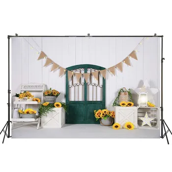 

HUAYI Brown Banners Sunflowers With Green Wooden Door Decoration Backdrop For Indoor Studio Photoshoot Prop Banners W-4350