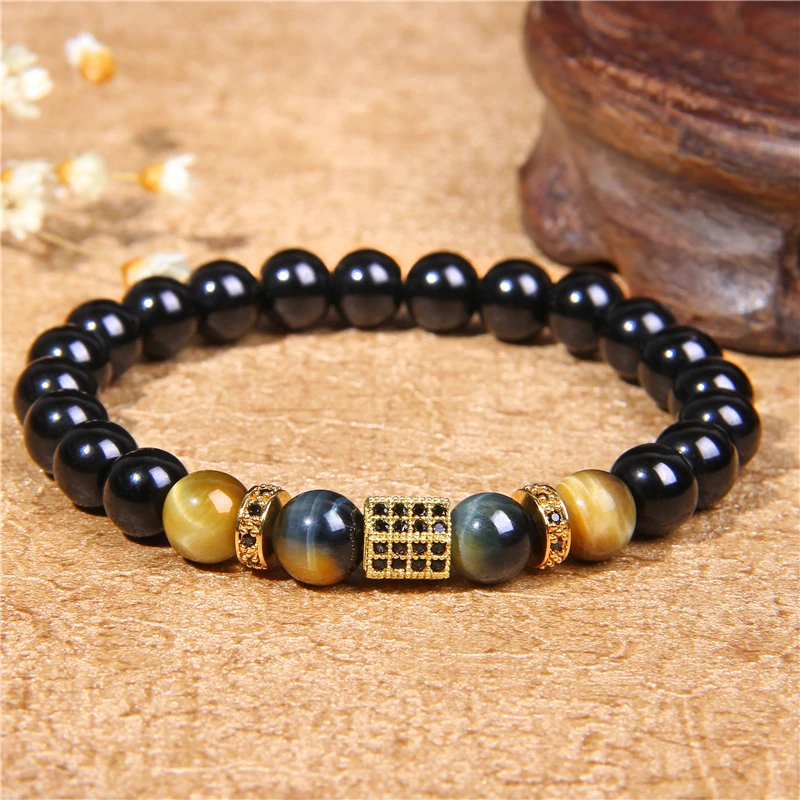 

Silver Gold Charms beads Bracelet Men Pave Setting Black CZ Hexagon Natural Tiger Eye Stone Beads Bracelets&Bangles men jewelry