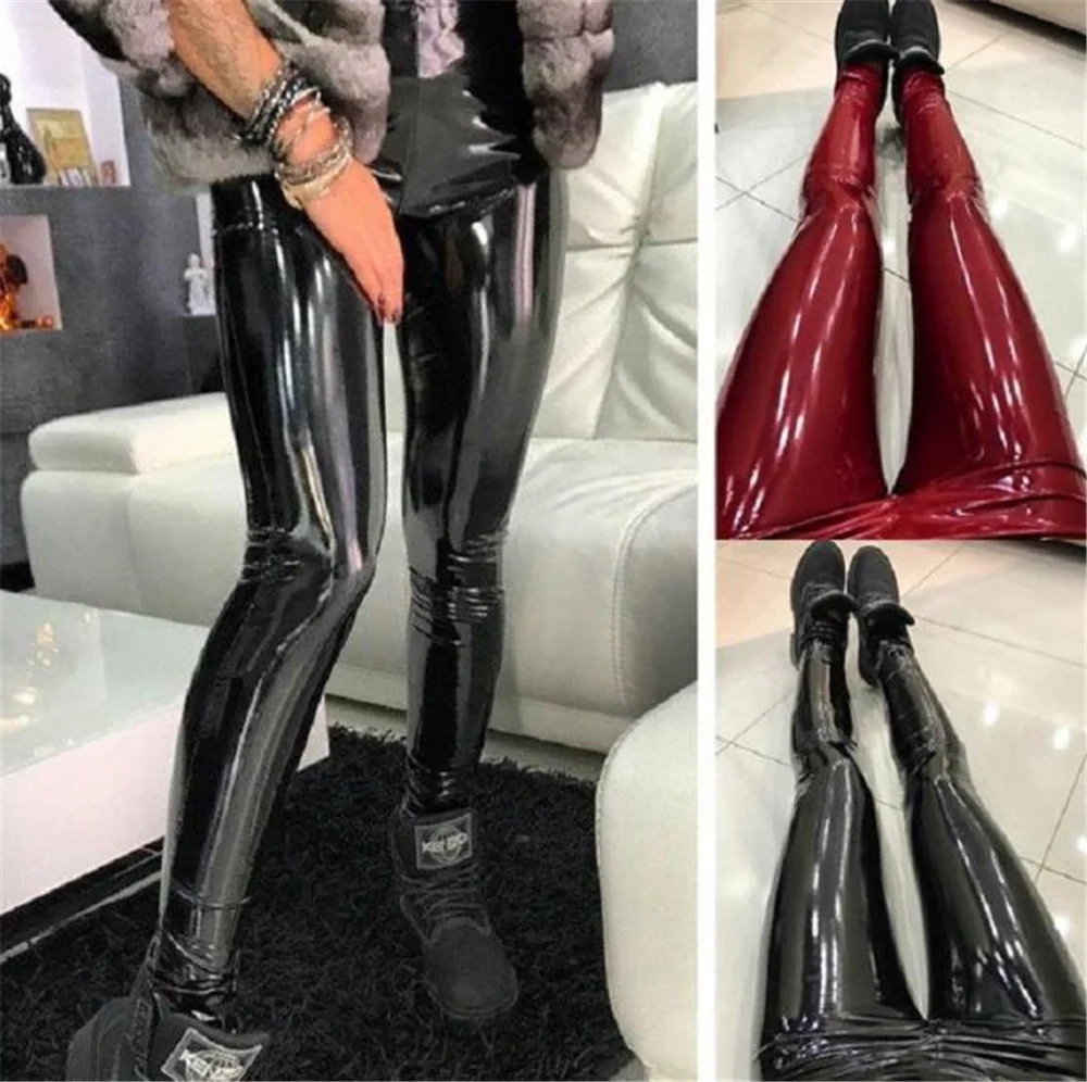 

PU Leather Womens Leggings High Waist Slim Solid Color Womens Pants with Button Fashion Light Black Female Trousers