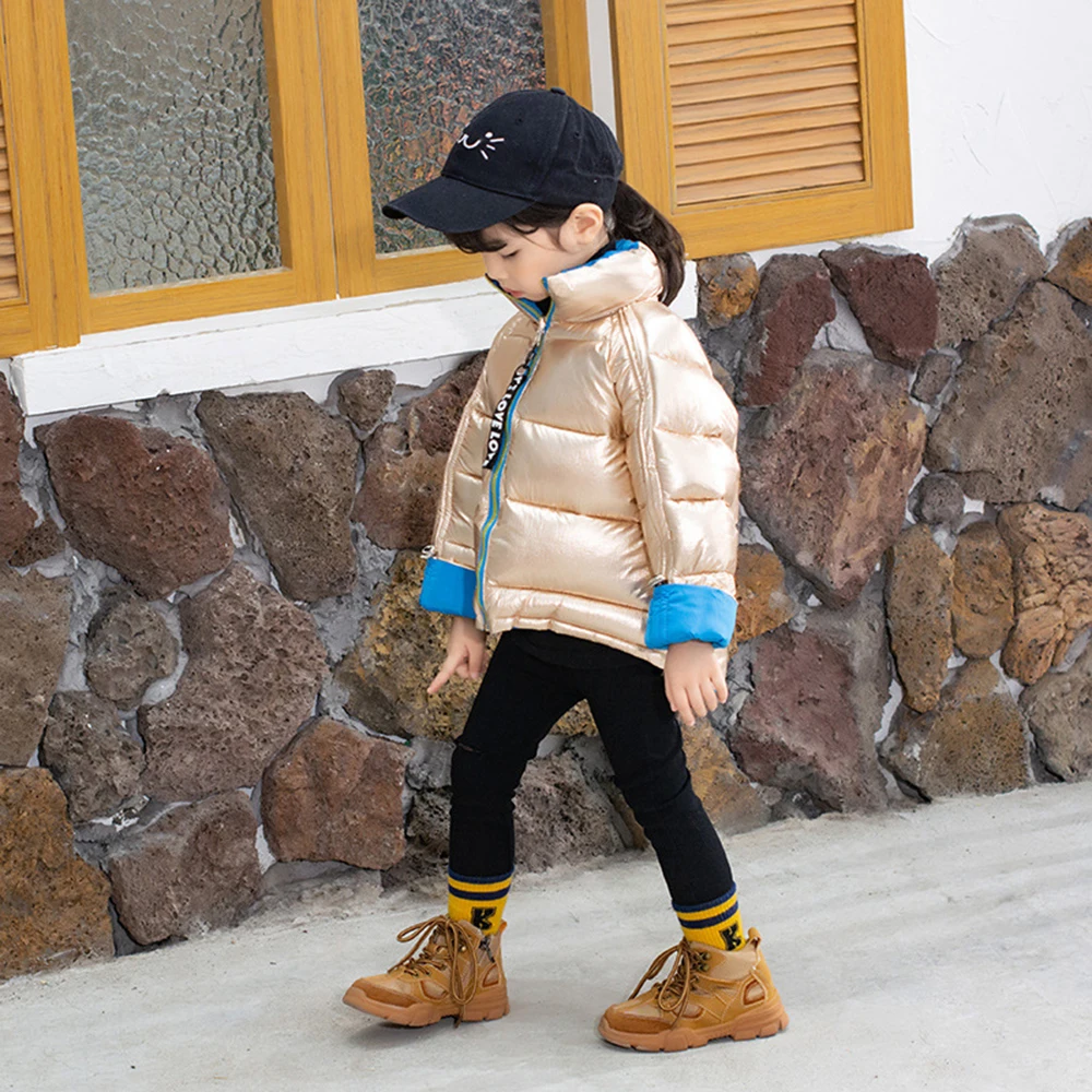 Oeak/зимняя детская одежда; Двусторонняя хлопковая куртка; модные Блестящие Зимние костюмы для маленьких девочек; детская утепленная верхняя одежда; пальто