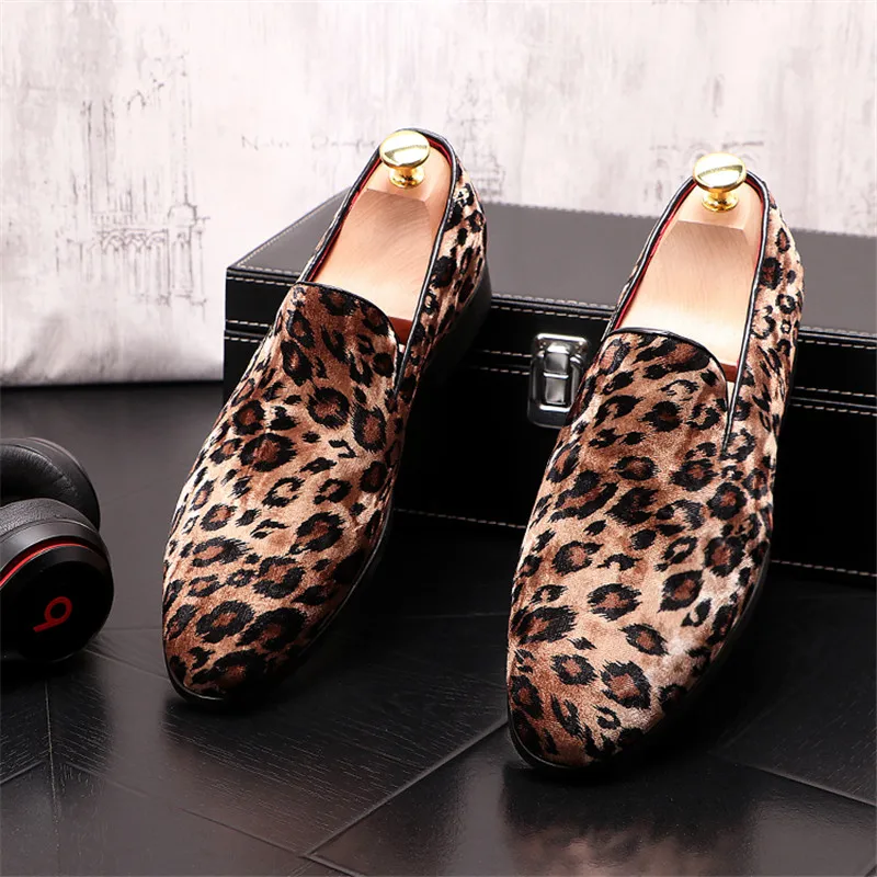 Leopard Print Men Loafers Cow Suede Leather Shoes Party Dress