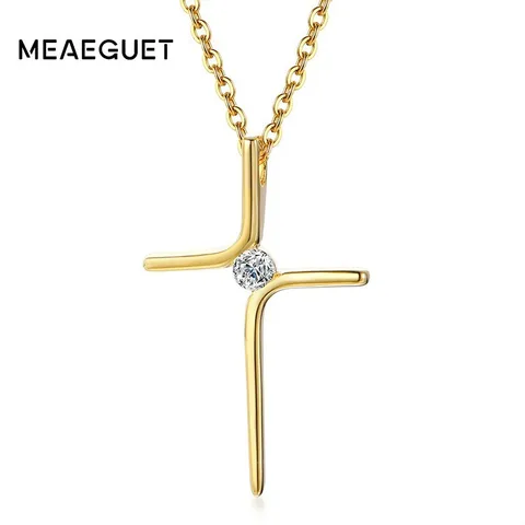Zircon Cross Pendant Women Necklace Stainless Steel Charm CZ Stone Dainty Christian Jewelry Wholesale