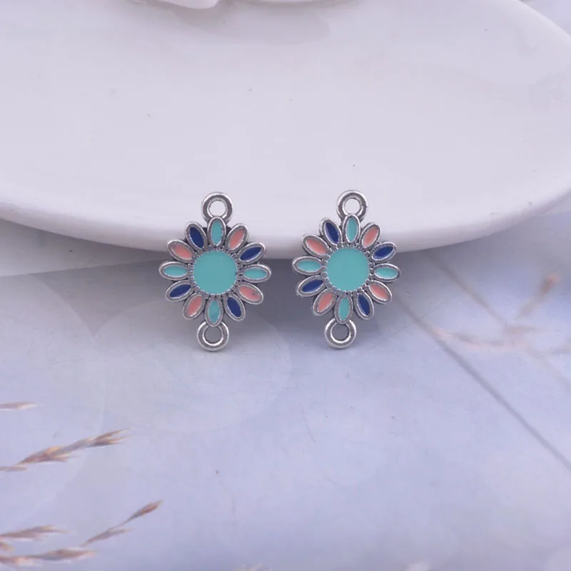 골동품 골드/실버 색상 14*19mm 에나멜 꽃 귀걸이 커넥터, 더블 홀 커넥터 펜던트 베이스 커넥터, 12 개
