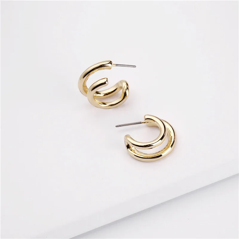F.I.N.S Gold Color Double Circle Small Stud Earring for Women Simple Crystal Jeweled Ear Cuff Earrings Korean Fashion Jewelry