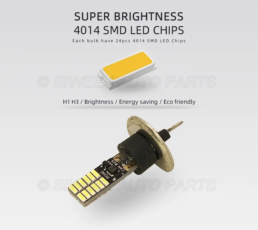 1Pcs H1 H3 Car LED Bulb P14.5S 24 4014 SMD Auto Turn Signal DRL Driving Daytime Running Lights White DC 12V Automobiles Fog Lamp