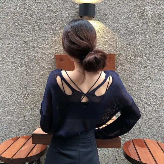 Spring 2021 new women's net red top light mature thin cut-out blouse long sleeve open back ice silk sweater women | Женская одежда