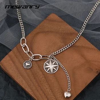 Mewanry Six-Pointed Star Heart Pendant 925 Sterling Silver Necklace for Women Fashion Party Thai Silver Jewelry Birthday Gifts