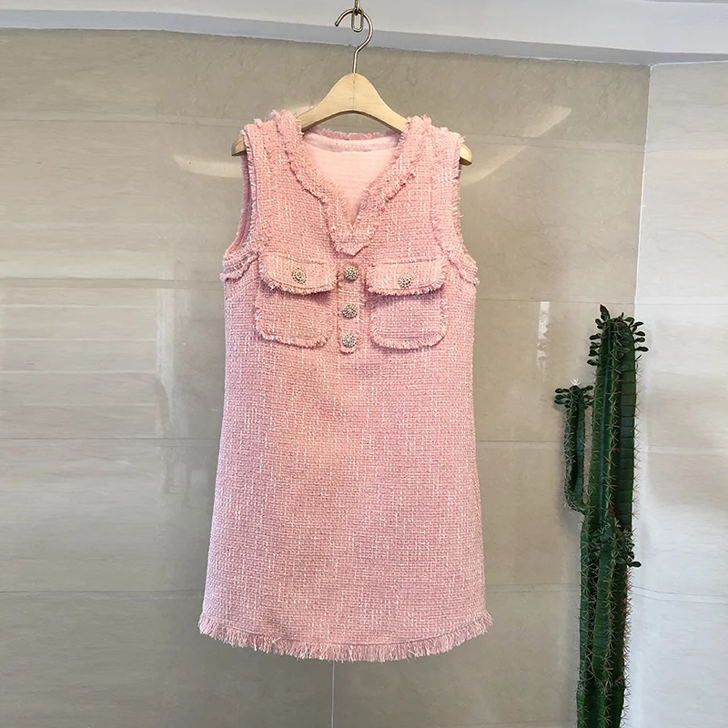 

HAMALIEL New Autumn Winter Tweed Dress Fashion Women Sleeveless Pink Tassel Beaidng Diamonds Button Elegant Vest A Line Vestidos