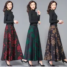 Женские винтажные длинные шерстяные юбки осень-зима, женские шерстяные юбки трапециевидной формы с завышенной талией и цветочным принтом, элегантная плиссированная юбка T233