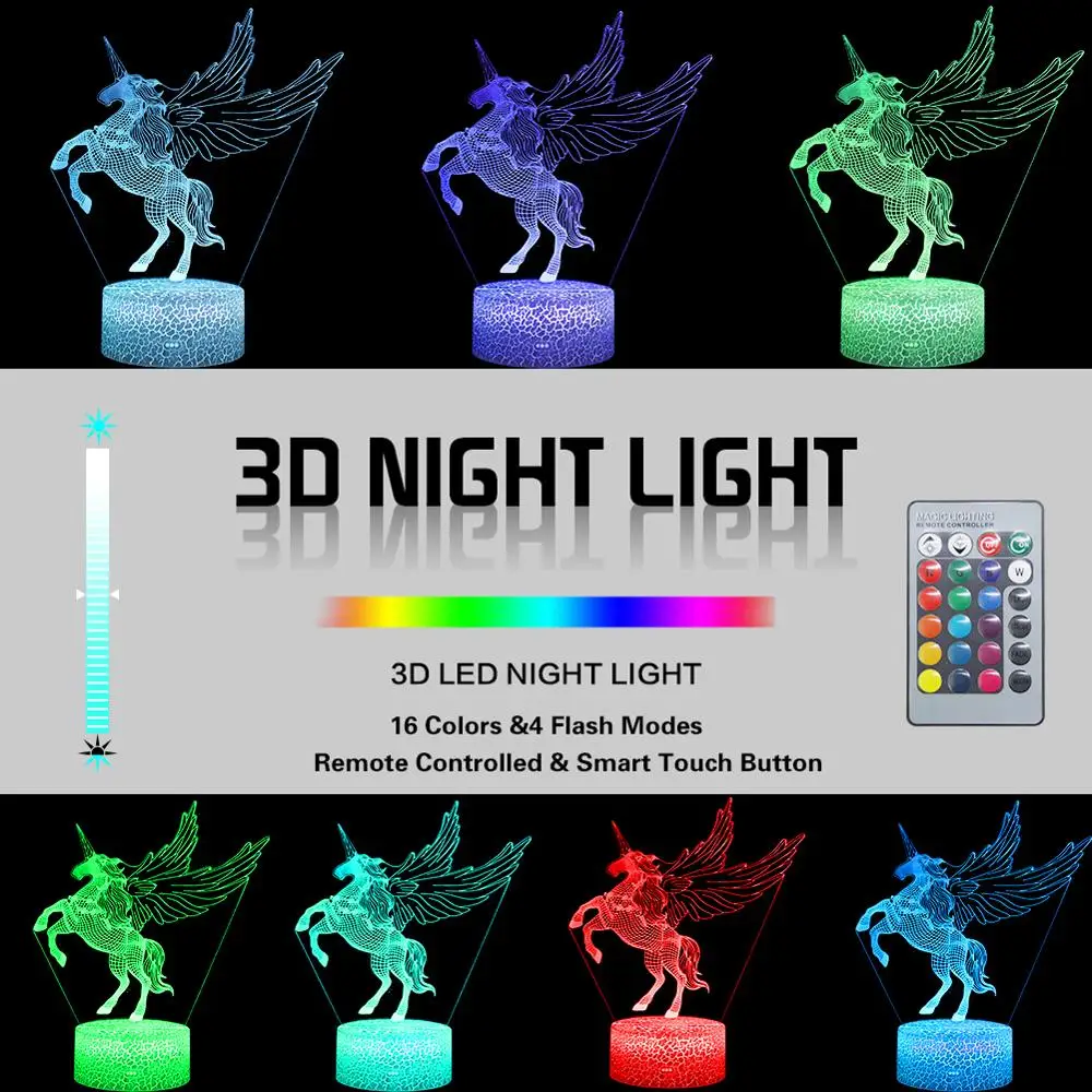 Единорог светодиодный 3d ночник удаленное животное настольная лампа Иллюзия 16