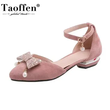 

Taoffen Summer Wedding Shoes Flat Pointed Toe Sandals Sweet Bling Bowknot Women Shoes Ankle Strap Flock Casual Shoes Size 30-43